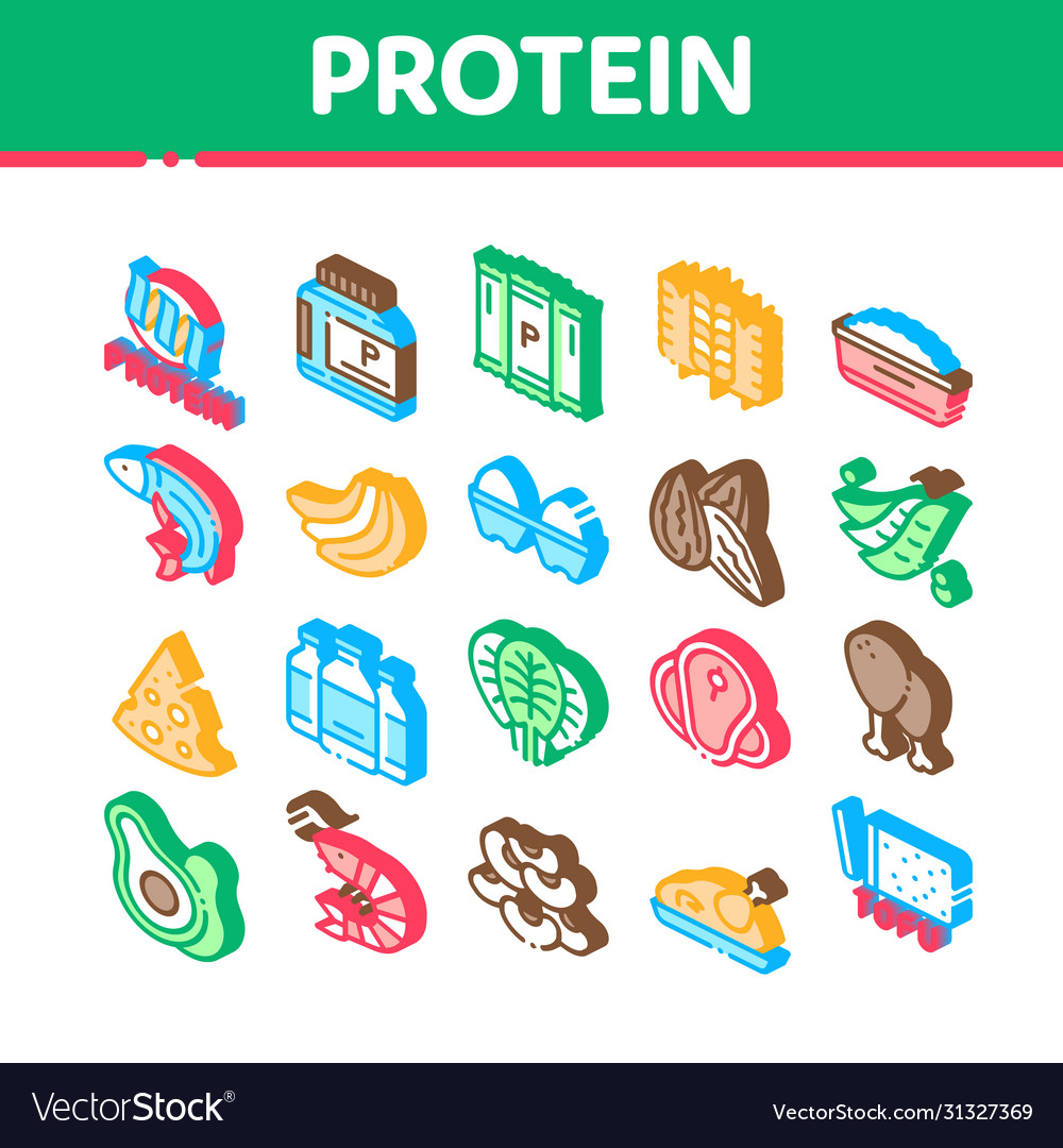 Protein food nutrition isometric icons set