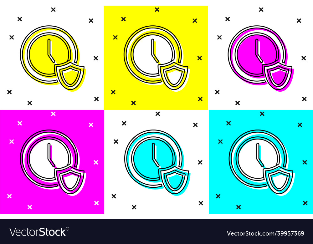 Set clock with shield icon isolated on color vector image Set clock with shield icon isolated on color