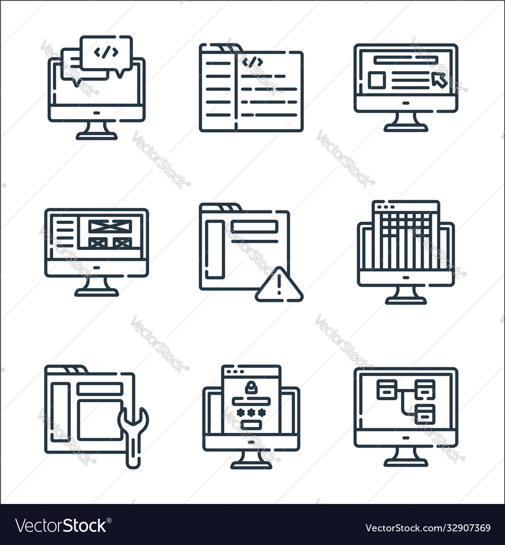 Web development line icons linear set quality vector image Web development line icons linear set quality