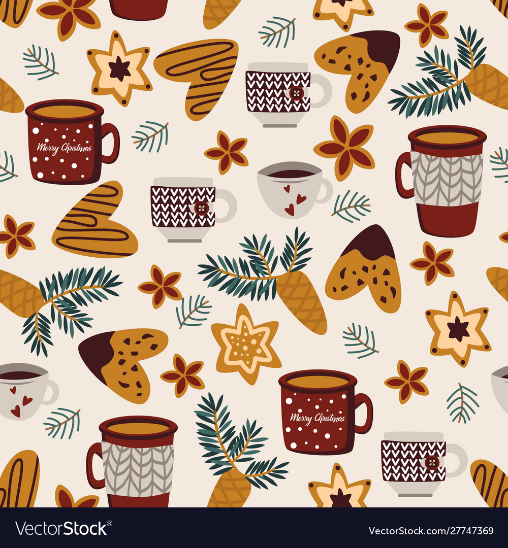 Winter seamless pattern with cups and cookies Vector Image Winter seamless pattern with cups and cookies