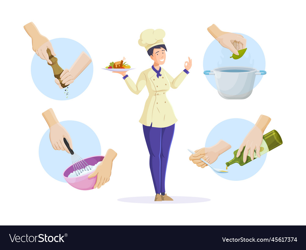 Cheerful female chef character cooking tasty meal