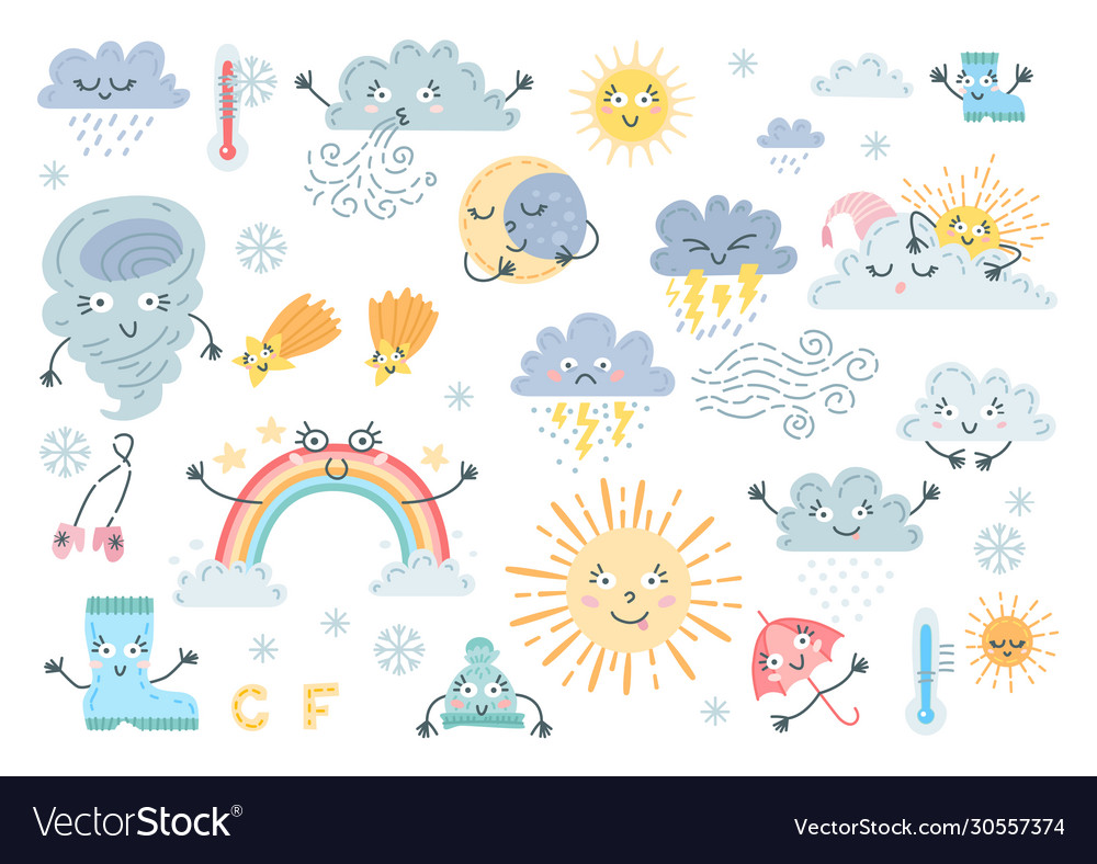 Cute weather set a forecast meteorology symbols vector image Cute weather set a forecast meteorology symbols