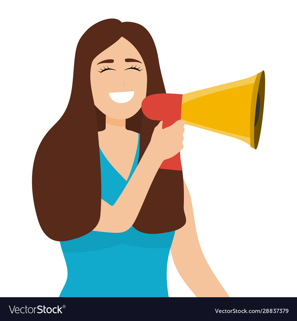 Woman speaks in a sound megaphone isolated