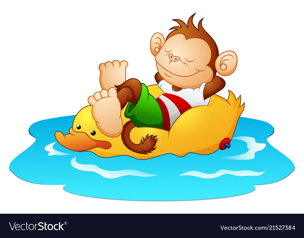 Cartoon monkey relaxing on duck lifebuoy in wa Vector Image