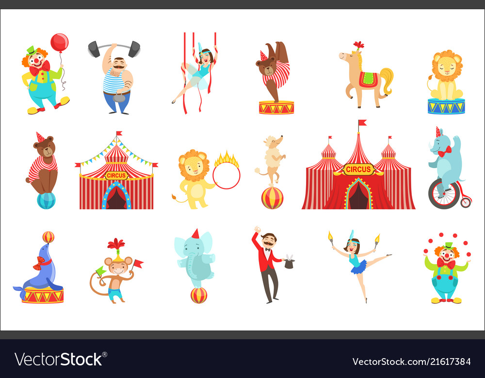 Circus related objects and characters set cute Vector Image