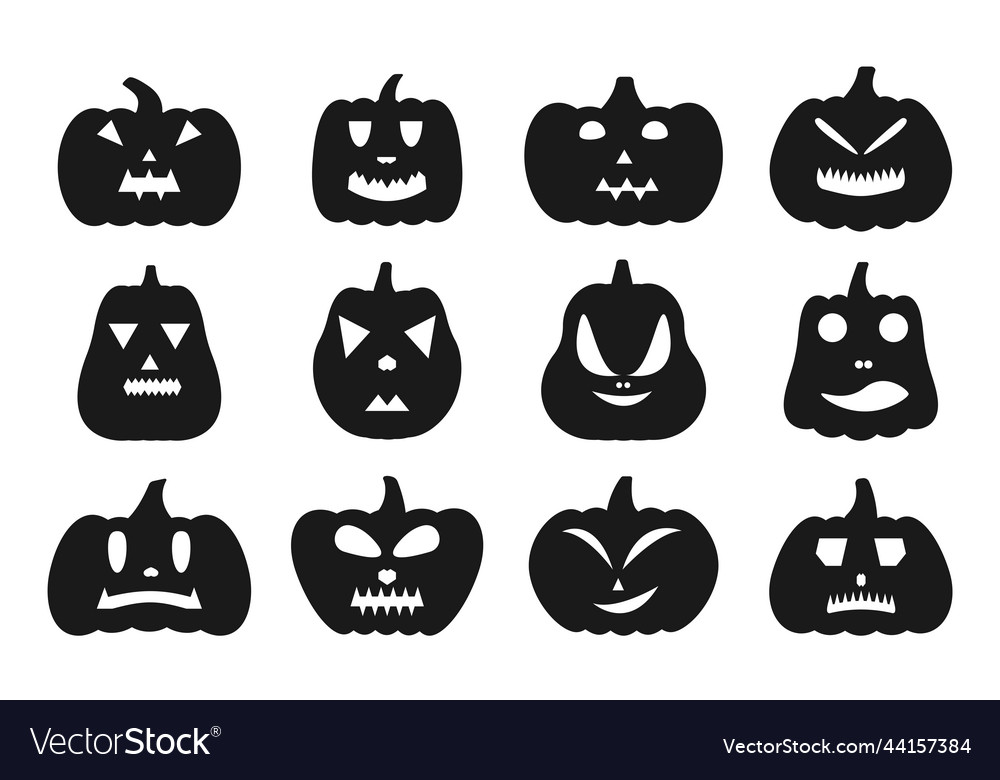 Halloween pumpkin face black silhouette icons set Vector Image