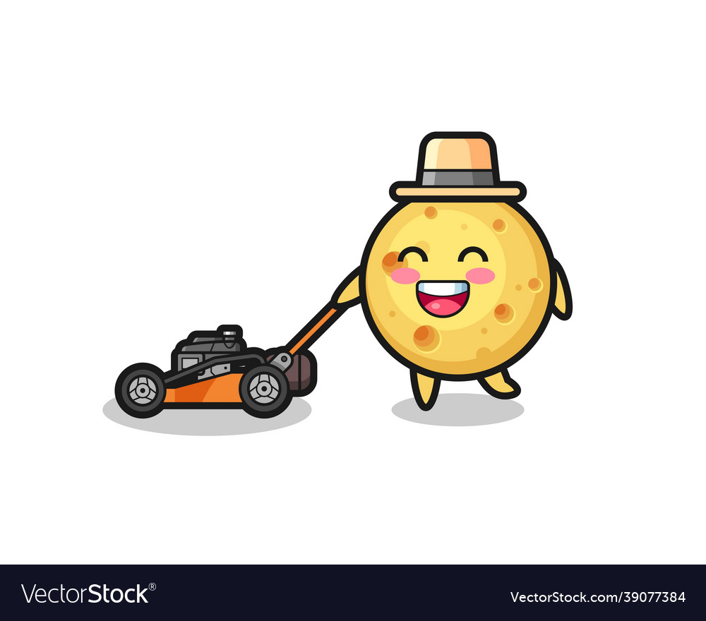 Round cheese character using lawn mower