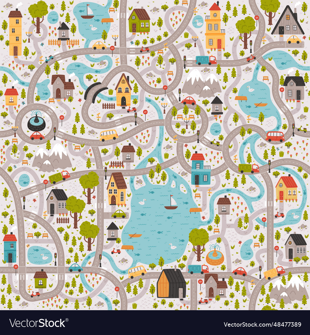 Cartoon city map with road car and house