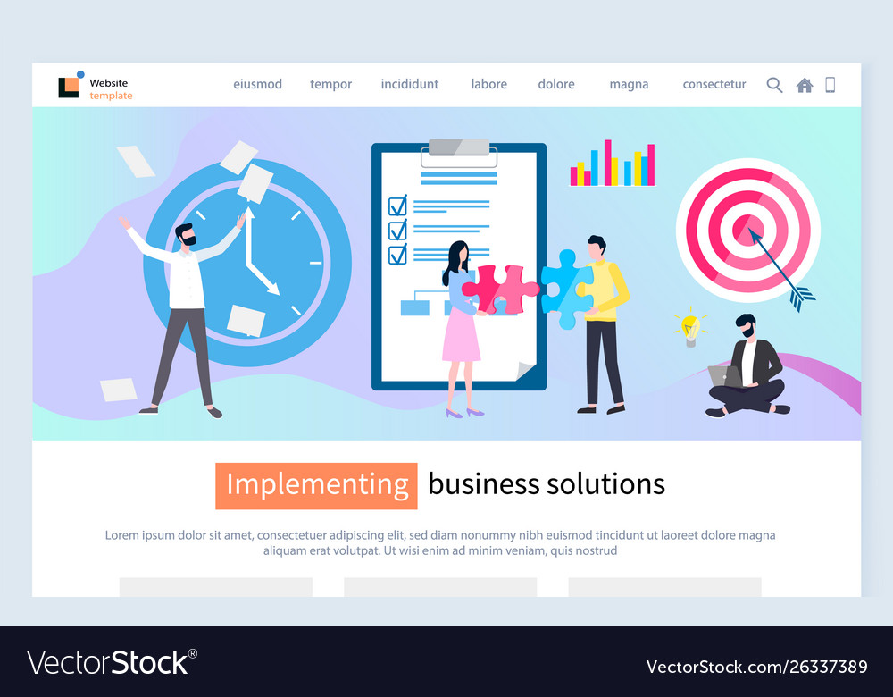 Implementing business solution website with text vector image Implementing business solution website with text