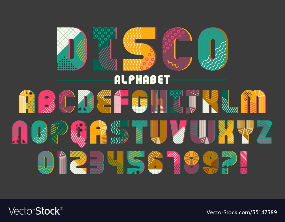 Memphis font alphabet and numbers set graphic