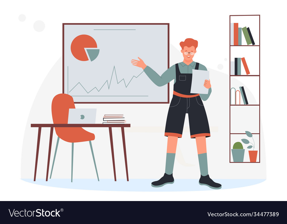 Student studying in classroom showing chart data