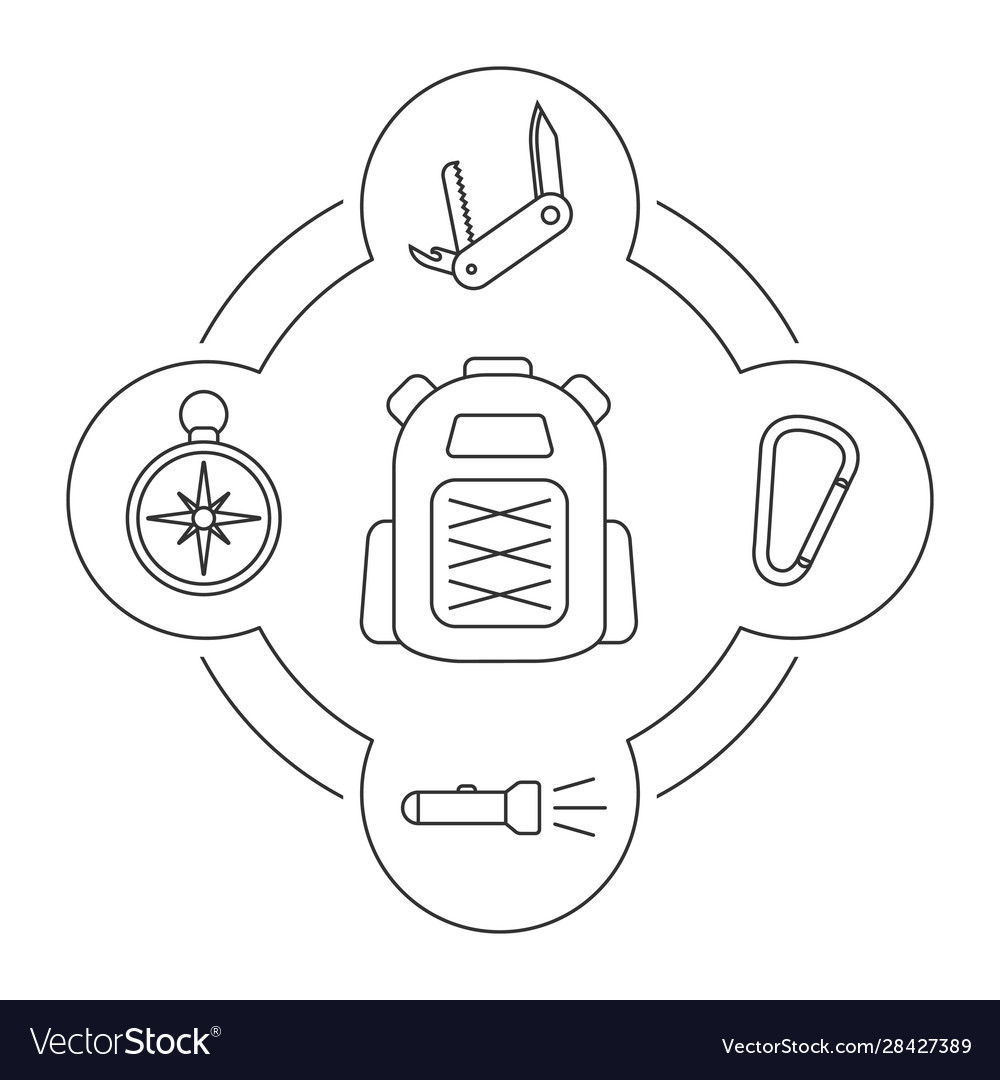 Touristen Rucksack Inhalte lineare Icons Set