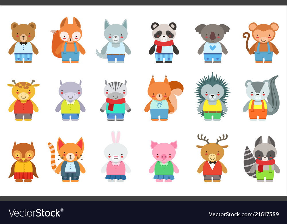 Toy kids animals in clothes characters set cute