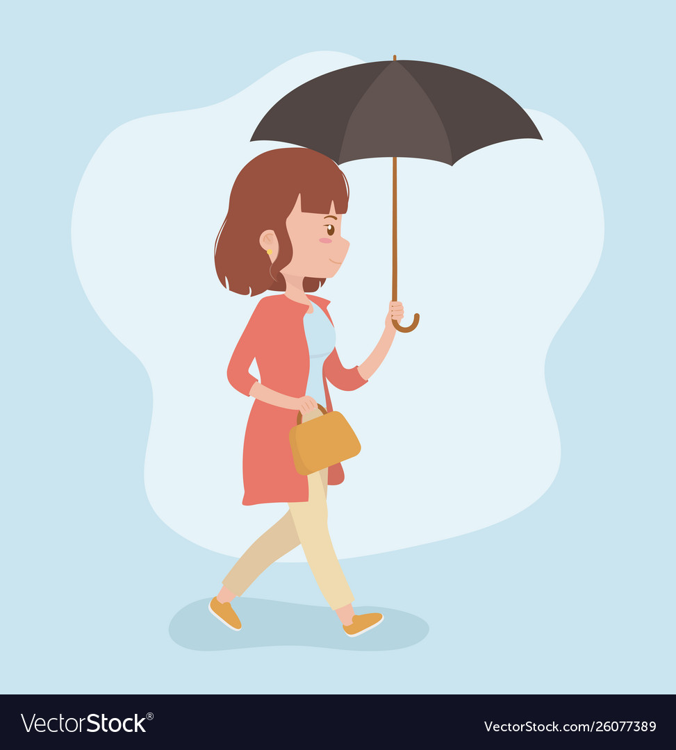 Young woman walking with umbrella avatar character