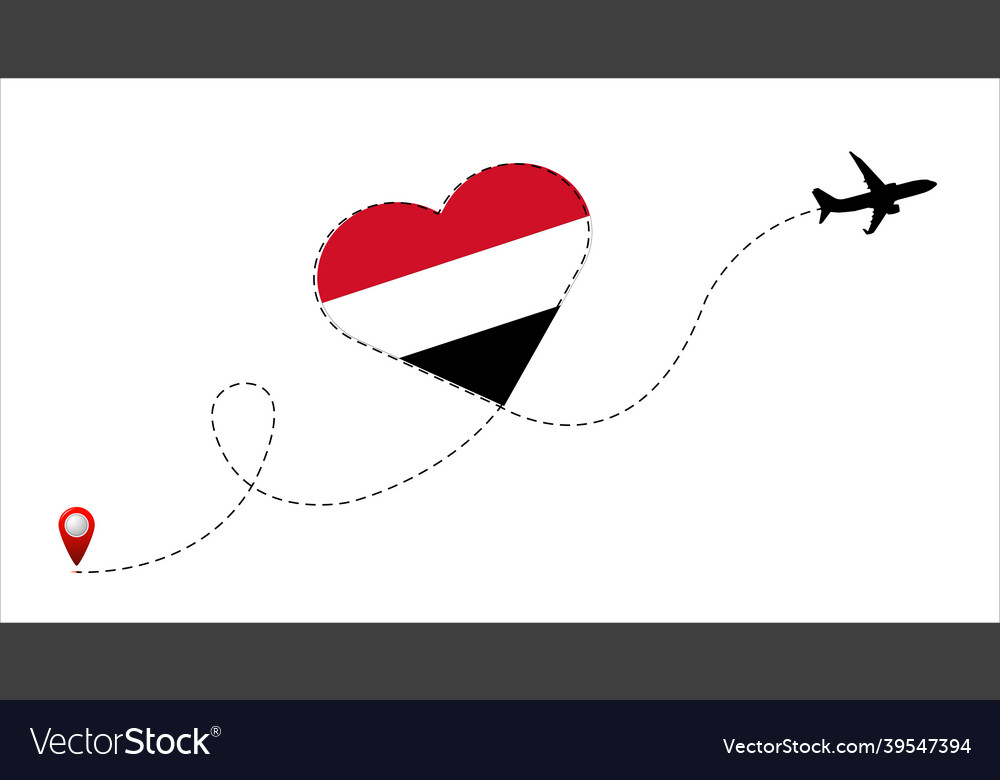 Airplane flight route with republic of yemen flag