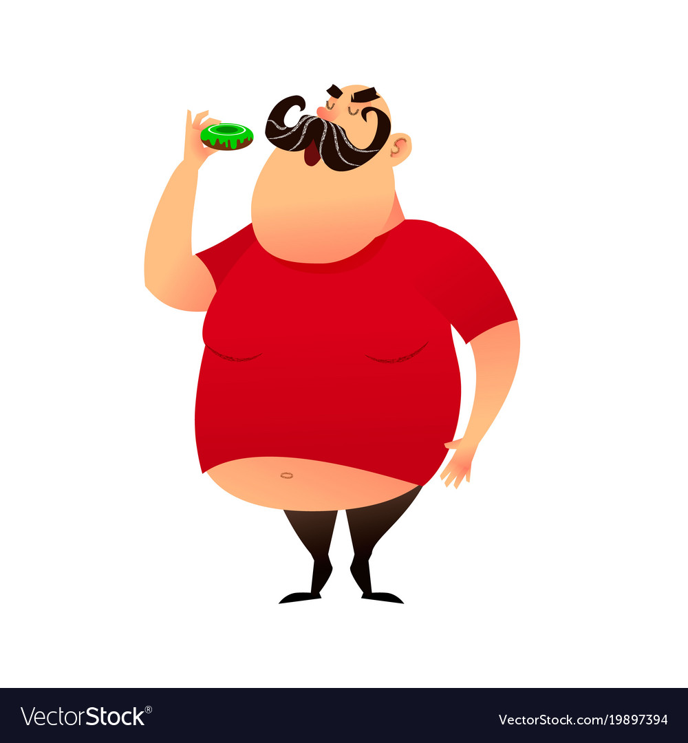 Fat guy takes a bite of a donut funny cartoon Vector Image