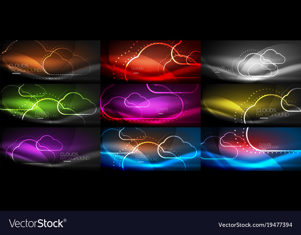 Set of neon cloud computing backgrounds
