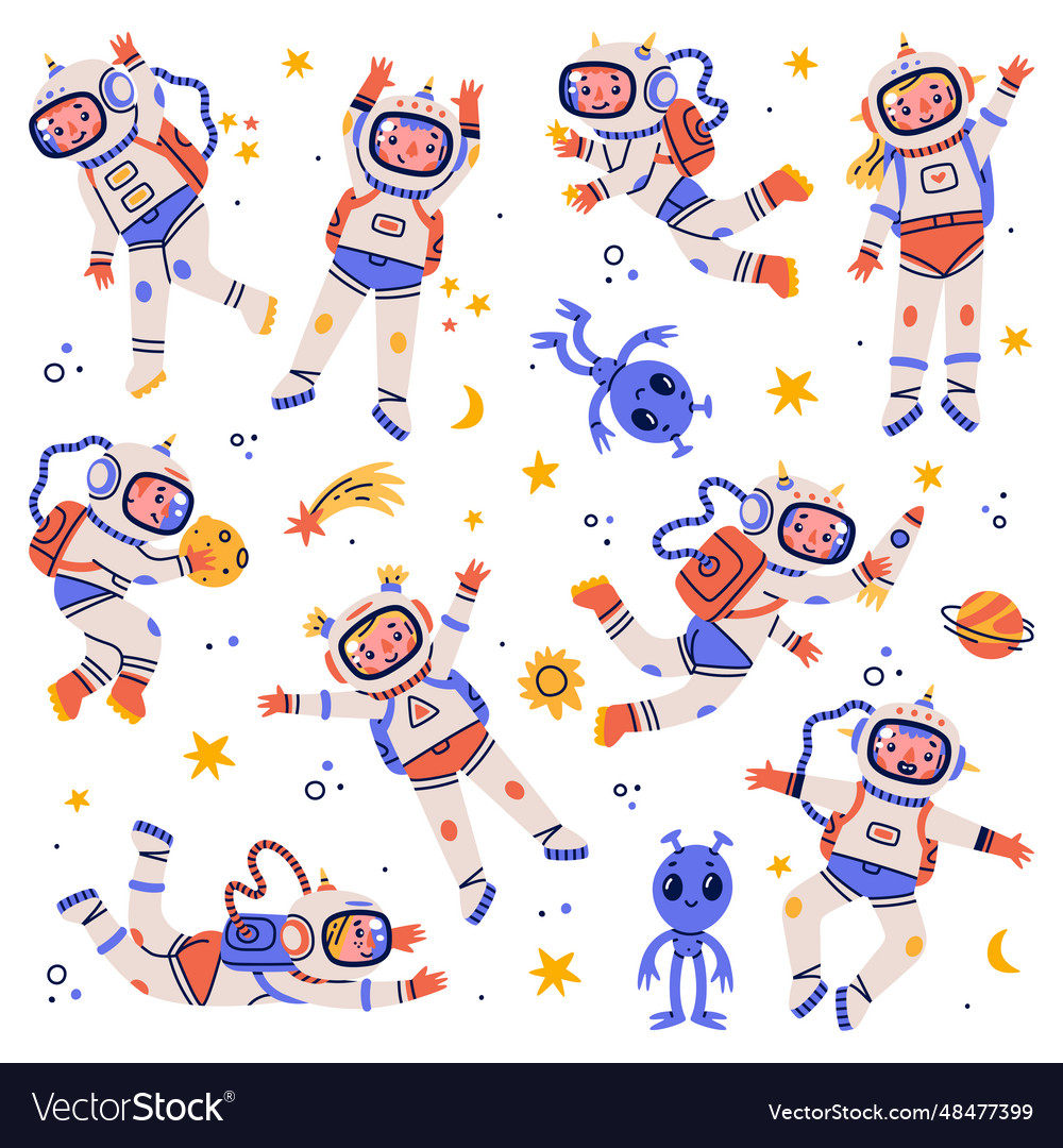 Children astronaut characters floating