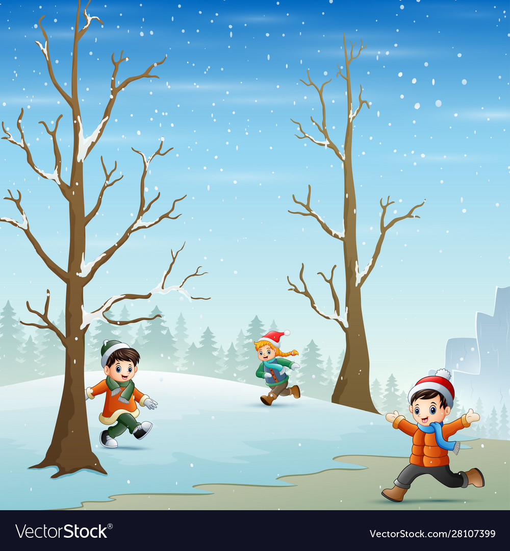 Happy Kids Playing Outdoors In Winter Landscape Vector Image