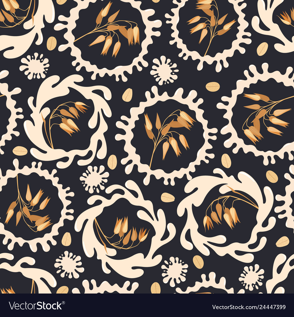Seamless pattern with oat and splashes of milk