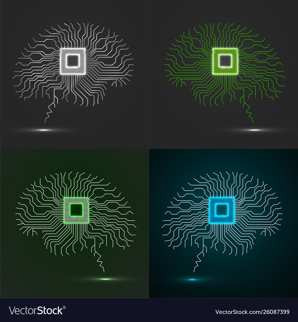 Set neon brain cpu circuit board abstract