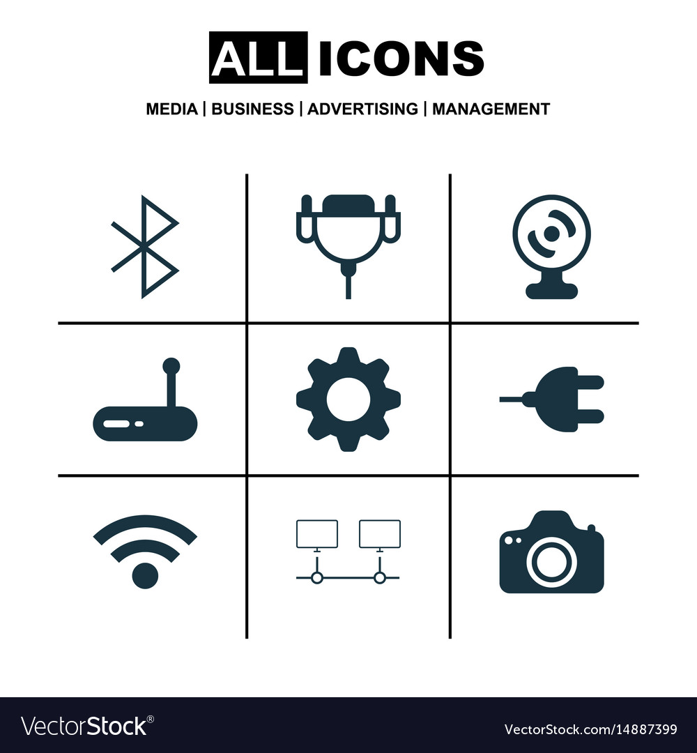 Set of 9 computer hardware icons includes