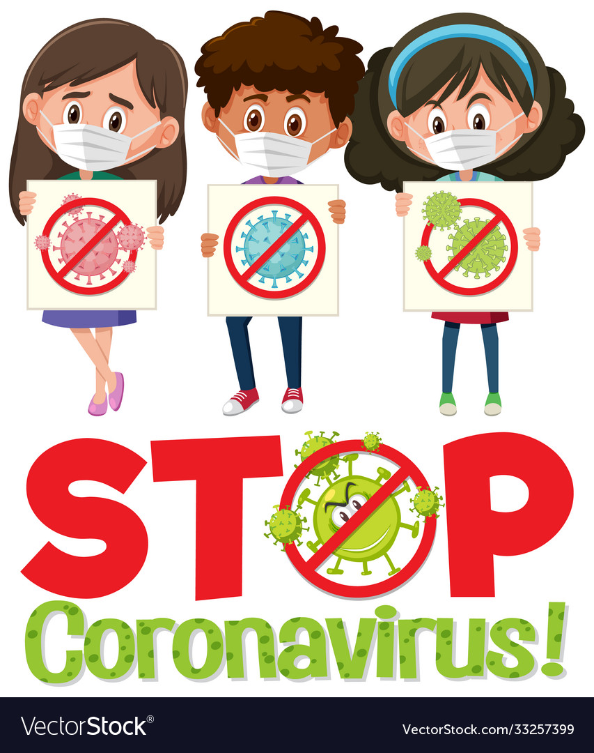 Coronavirus Logo mit drei Teenagern stoppen vector image Coronavirus Logo mit drei Teenagern stoppen