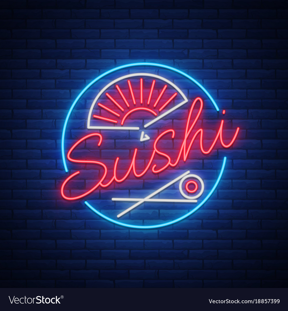 Sushi logo in neon style bright sign Royalty Free Vector