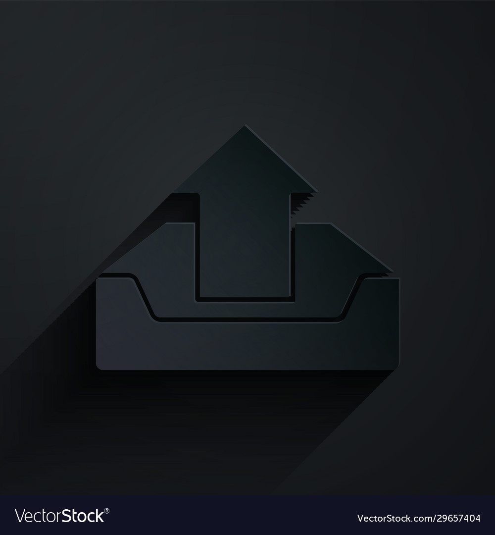 Paper cut upload inbox icon isolated on black vector image Paper cut upload inbox icon isolated on black