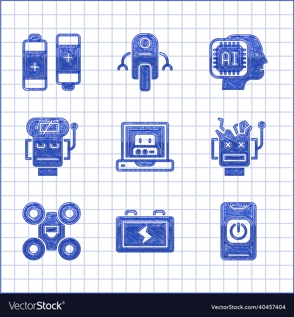 Set creating robot battery turn off from phone vector image Set creating robot battery turn off from phone