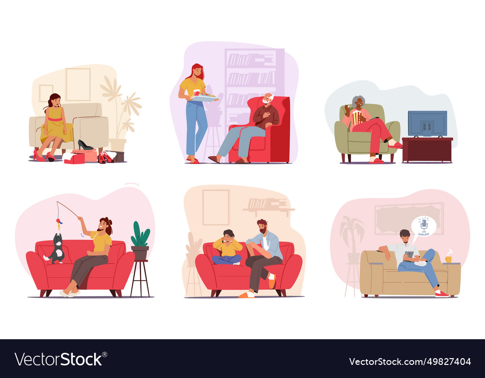 Set male female characters on couches people Vector Image