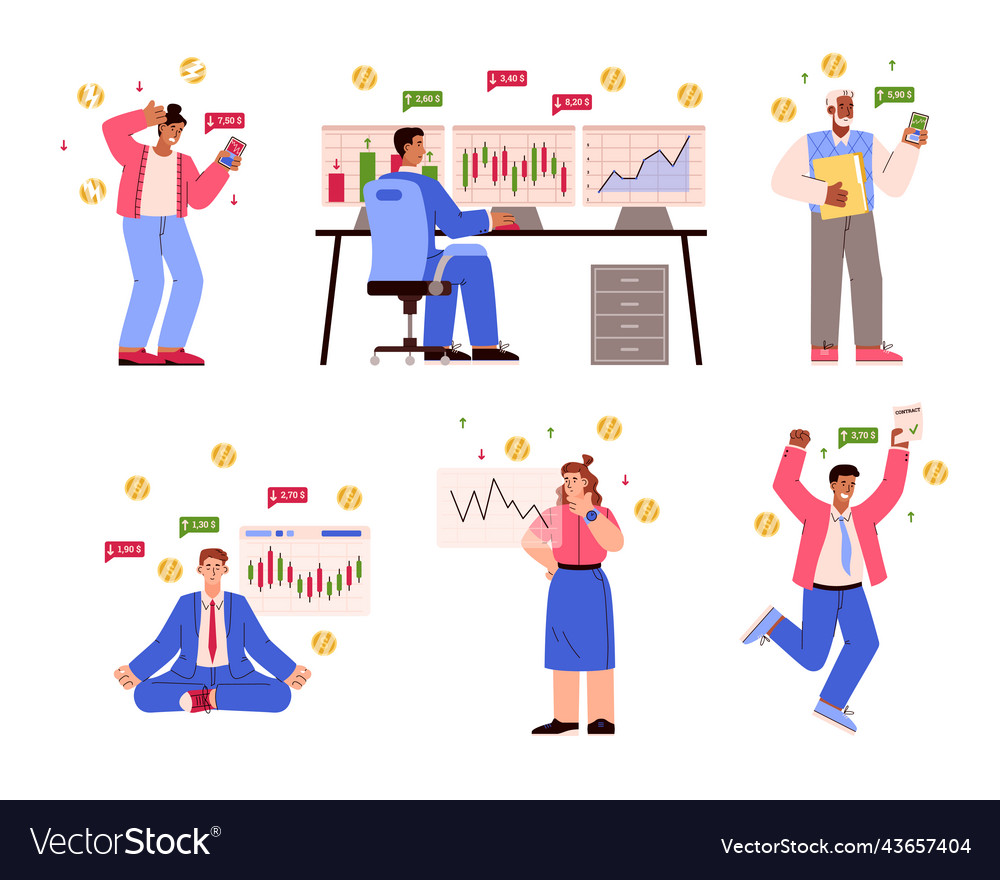 Set of trader people characters flat style vector image Set of trader people characters flat style
