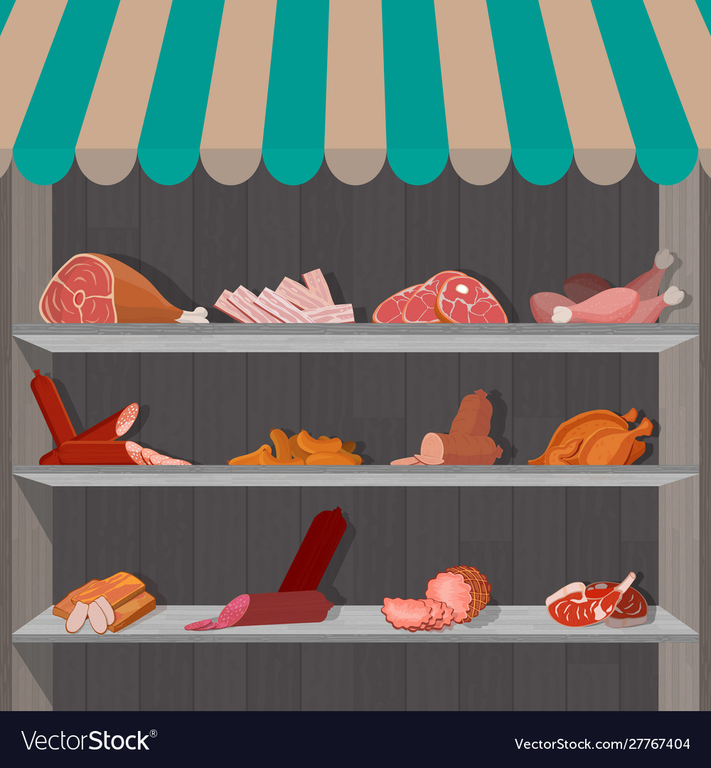 Shopping stands with meat products supermarket Vector Image