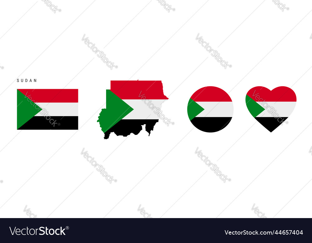 Sudan flag in different shapes icon set flat vector image Sudan flag in different shapes icon set flat