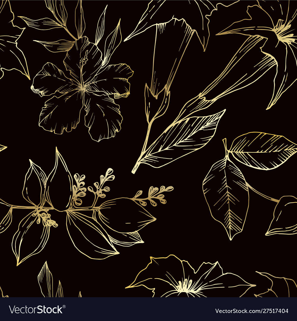 Tropical flowers and leaves isolated black vector image Tropical flowers and leaves isolated black
