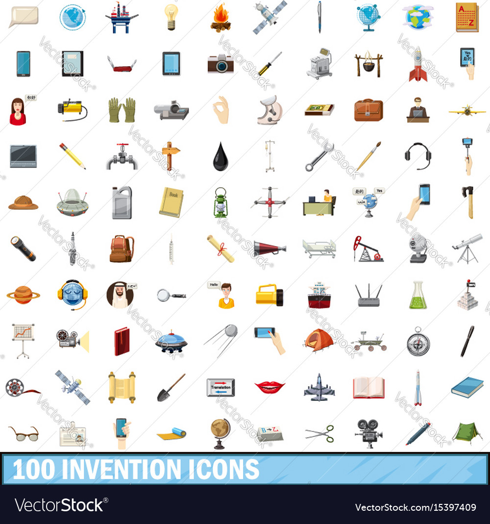 100 Invention Icons Set Cartoon Style Royalty Free Vector 100 Invention Icons Set Cartoon Style Royalty Free Vector