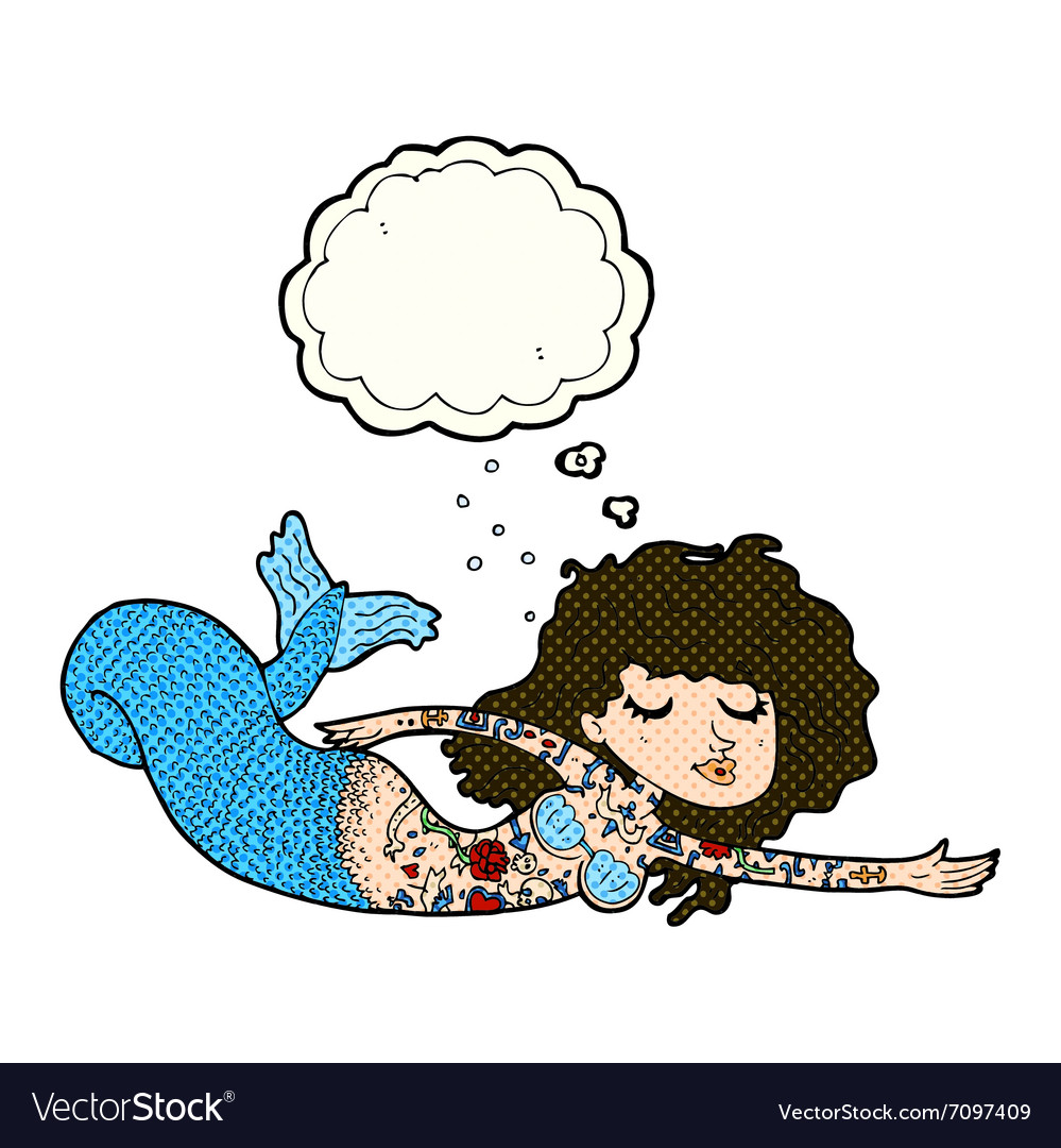 Cartoon mermaid covered in tattoos with thought