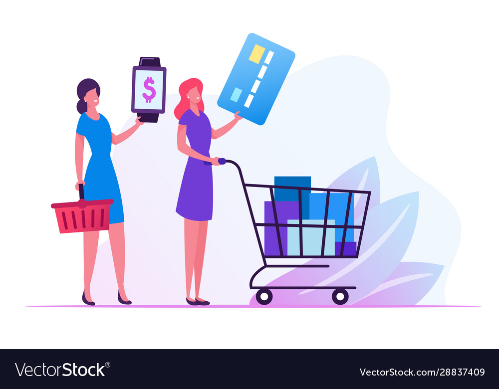 Female customers stand in queue supermarket