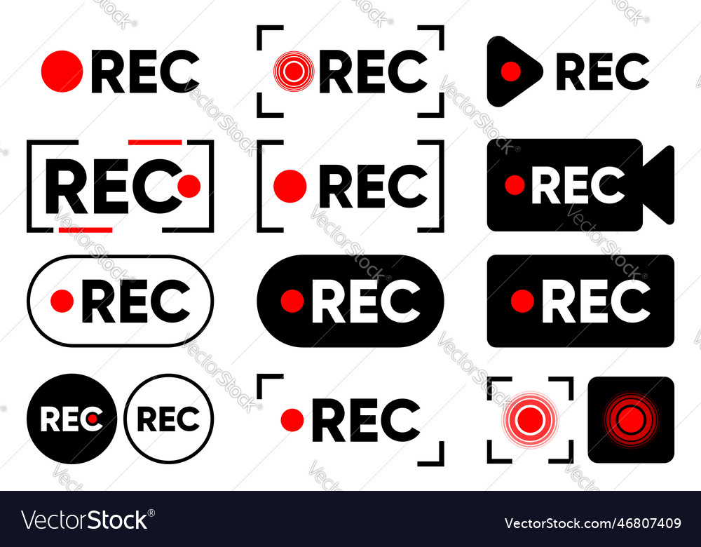 Rec icons record buttons collection video vector image Rec icons record buttons collection video