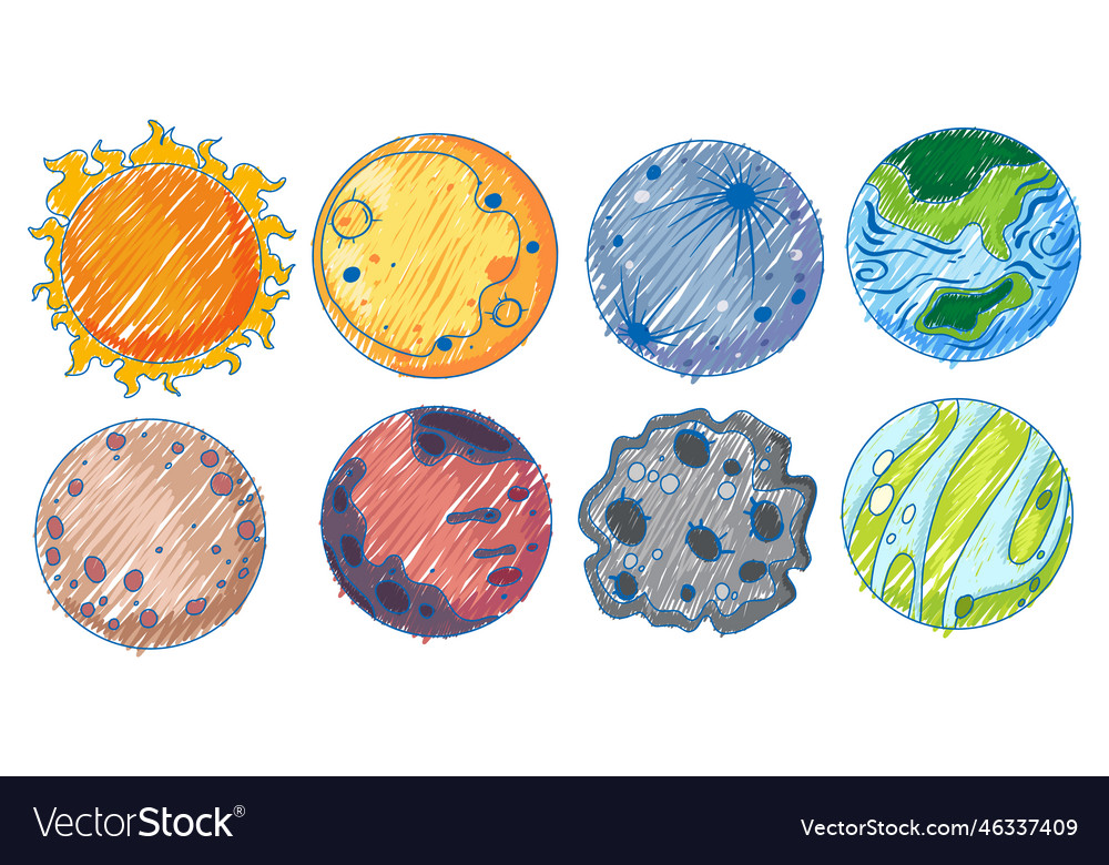Space objects in pencil colour sketch simple style