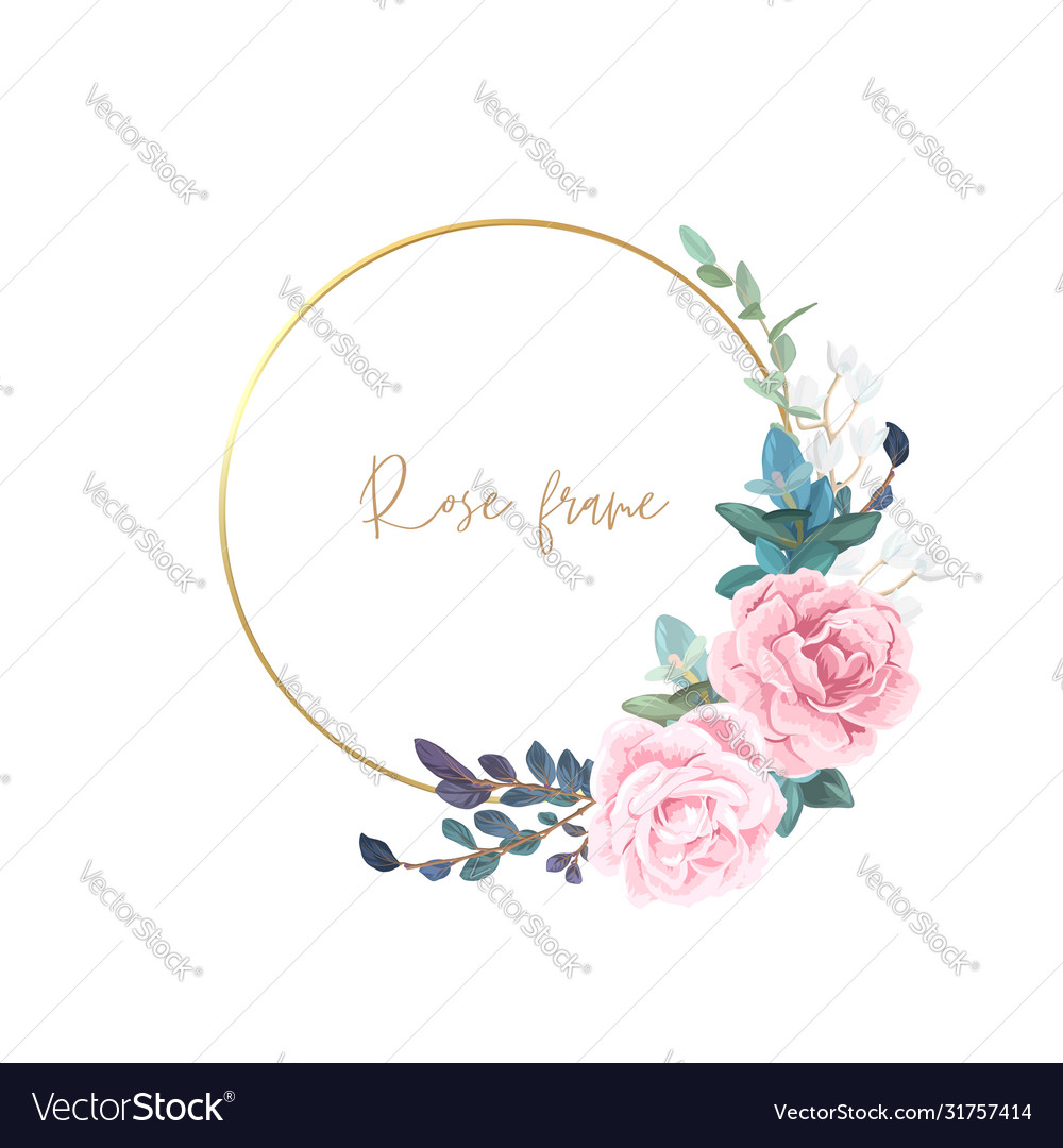 Gold frame with pale roses eucalyptus leaves Vector Image