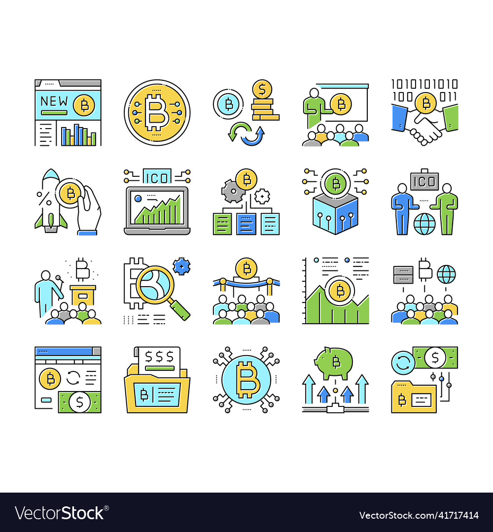 Ico initial coin offer collection icons set