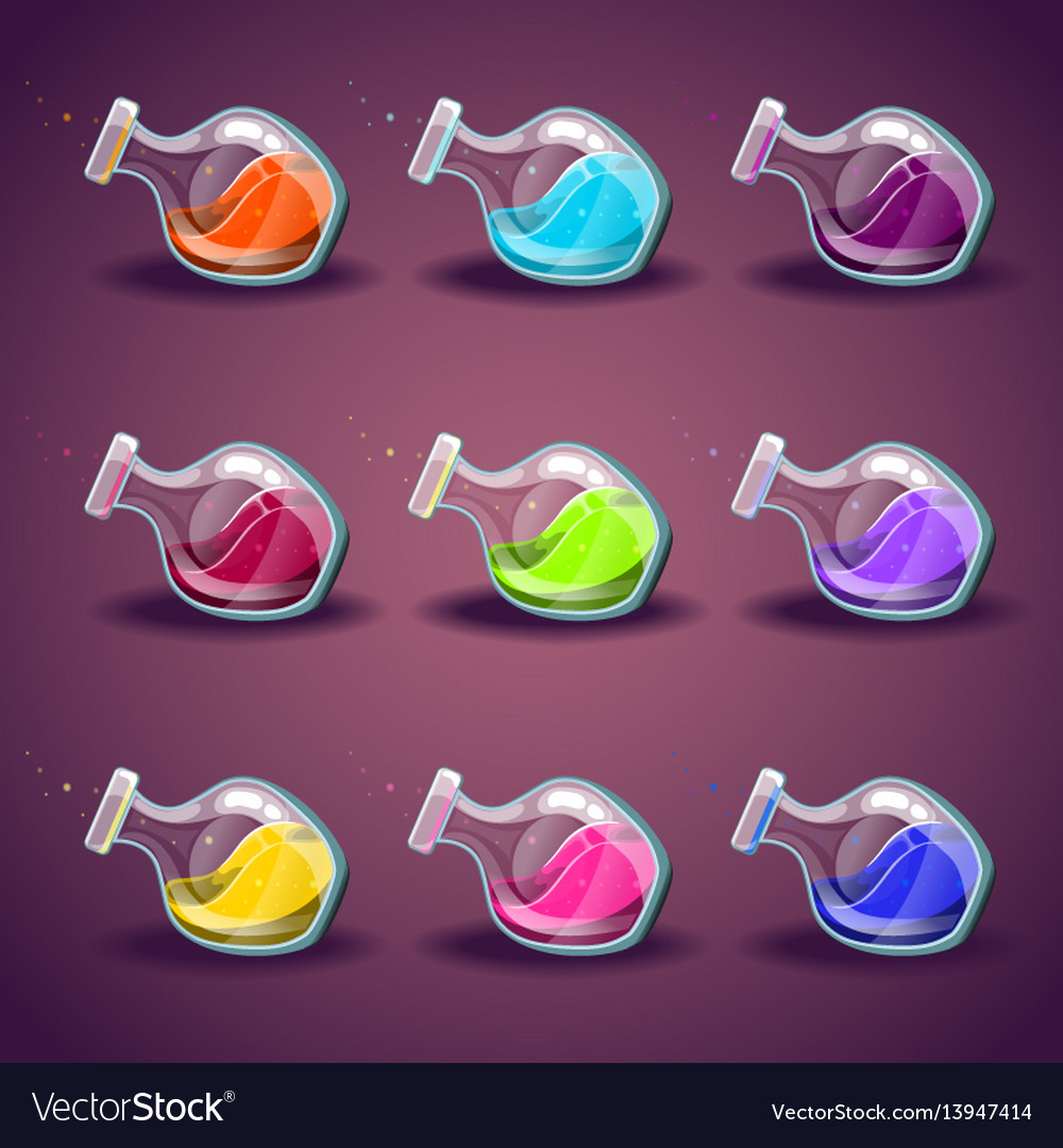 Set of bottle with liquid magic elixir vector image Set of bottle with liquid magic elixir