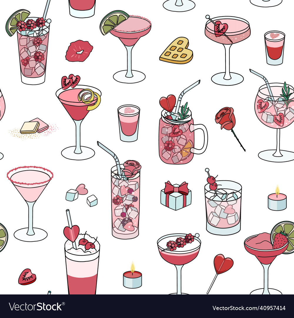 Valentines day pink love cocktails and garnish vector image Valentines day pink love cocktails and garnish