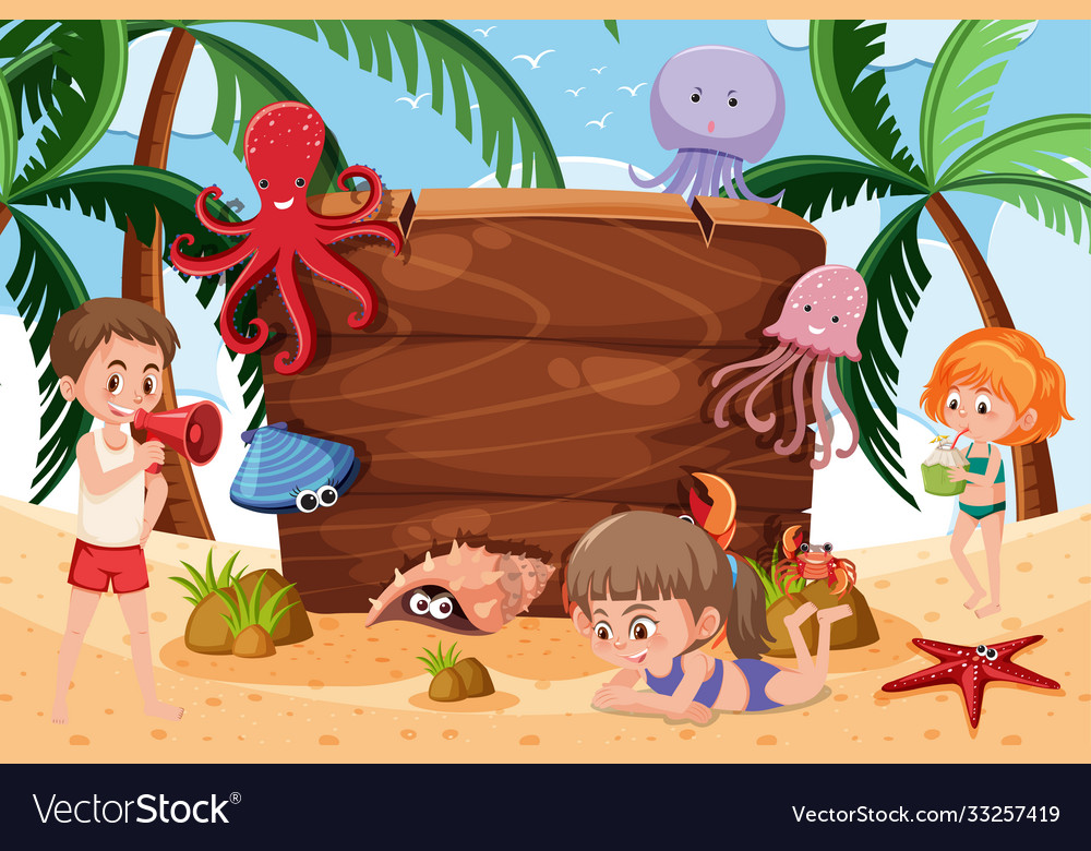 Background scene with sea creatures on beach