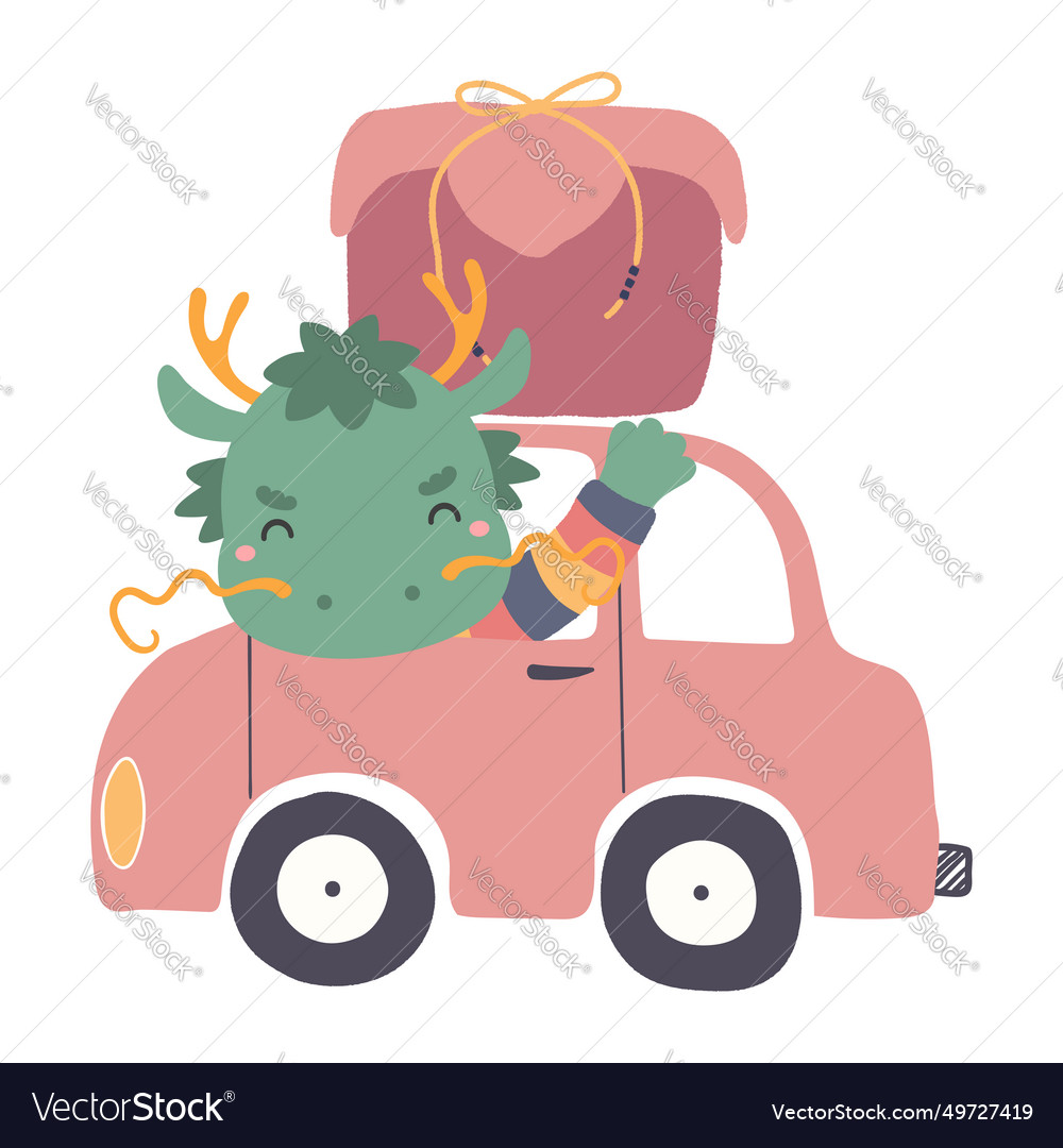 Cute dragon in car delivering traditional korean vector image Cute dragon in car delivering traditional korean