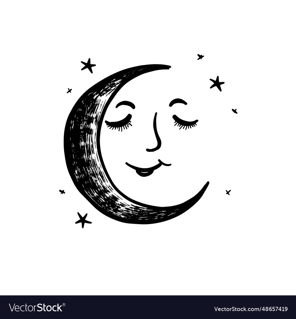 Hand-drawn moon with a face doodle icon on white Vector Image