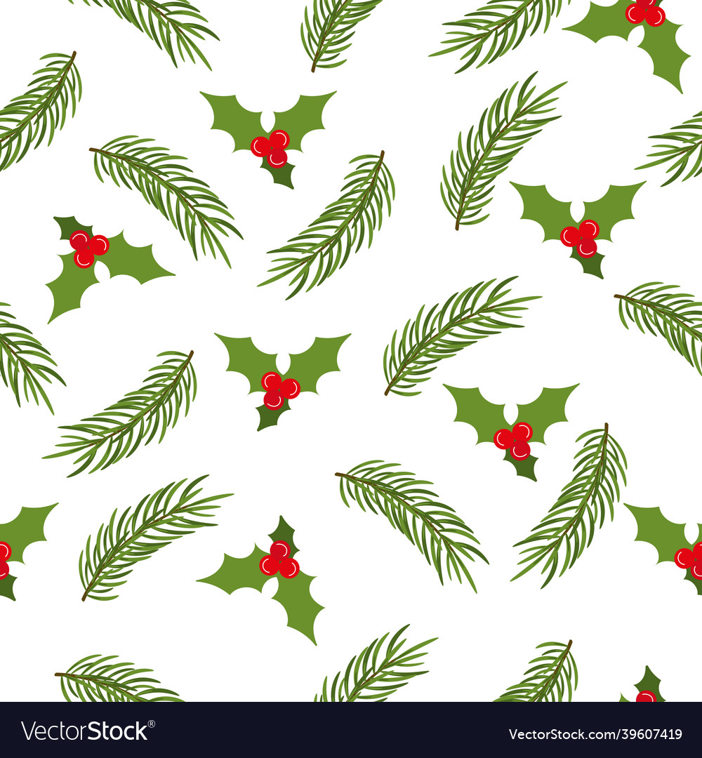 Seamless pattern with branch of fir and mistletoe