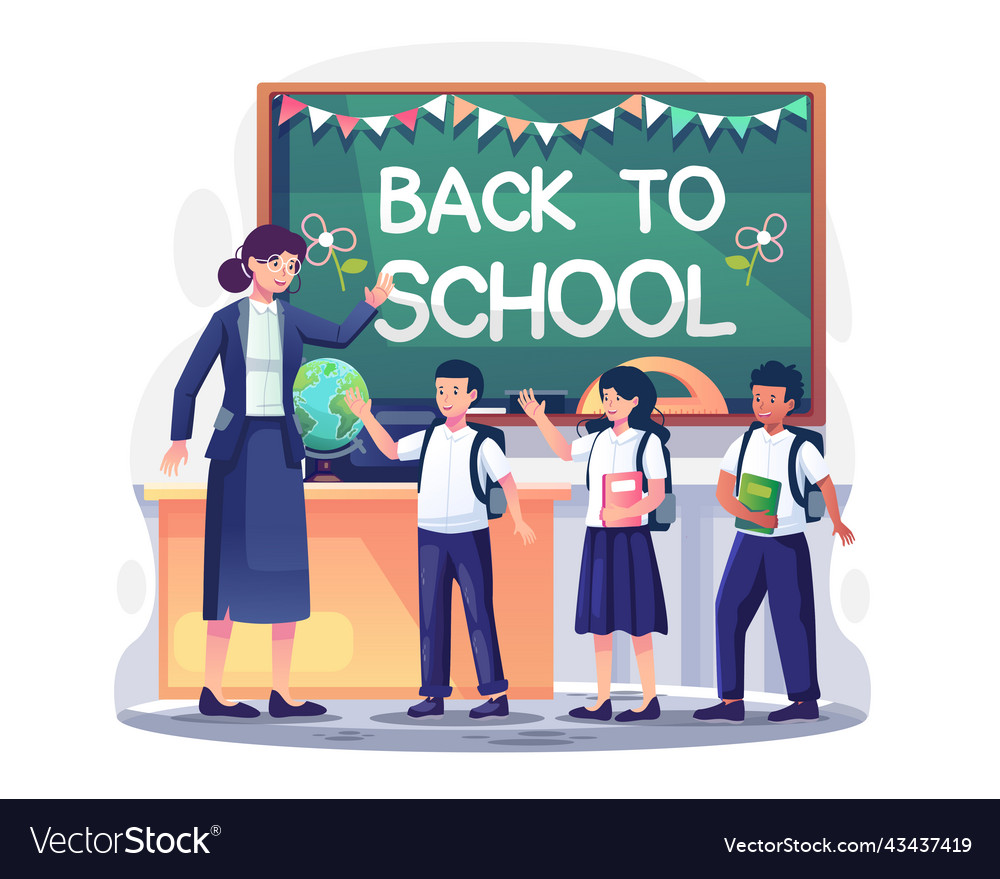 Teacher welcomes students in the class vector image Teacher welcomes students in the class