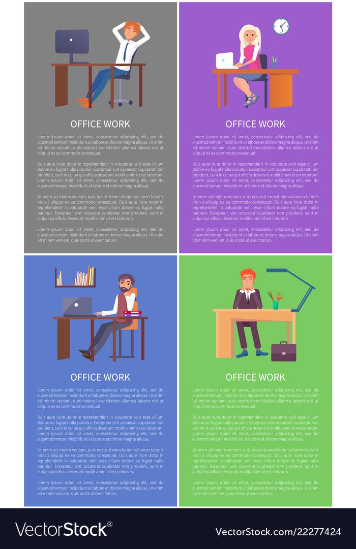 Office work posters set men women working tables vector image Office work posters set men women working tables